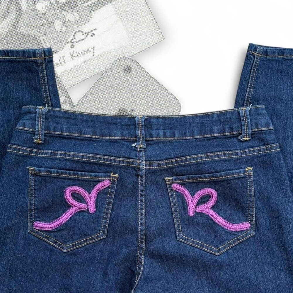 Y2K Dark Blue Pink Rocawear Graphic Embroidered Straight Leg Skinny Denim Jeans